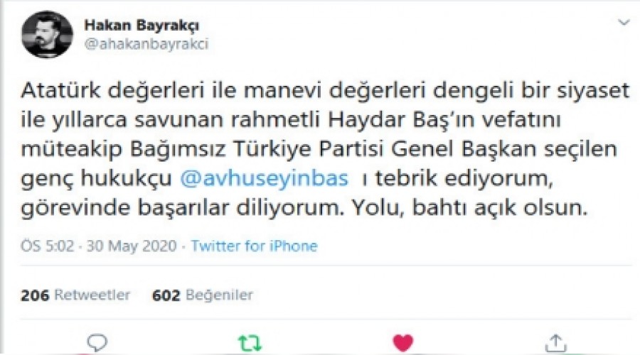 Hakan Bayrak'dan Hseyin Ba'a Tebrik Mesaj